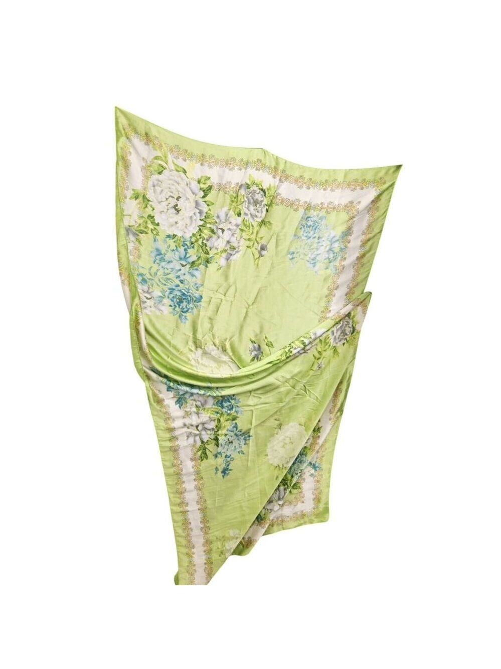 Green Floral Satin Scarf Lightweight Shawl Wrap Elegant Summer Accessory - Picture 5 of 12
